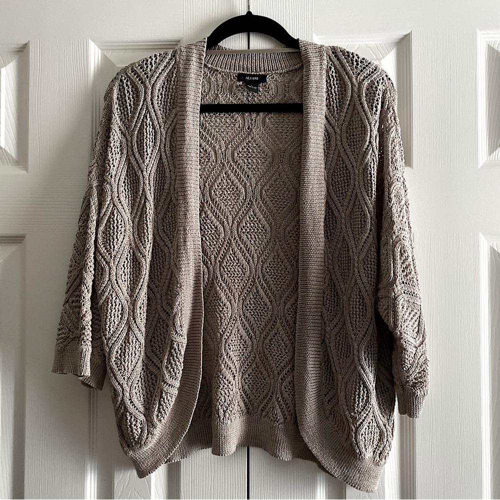 ALFANI COTTON DIAMOND CABLE KNIT OPEN FRONT BATWING COCOON CROPPED CARDIGAN L